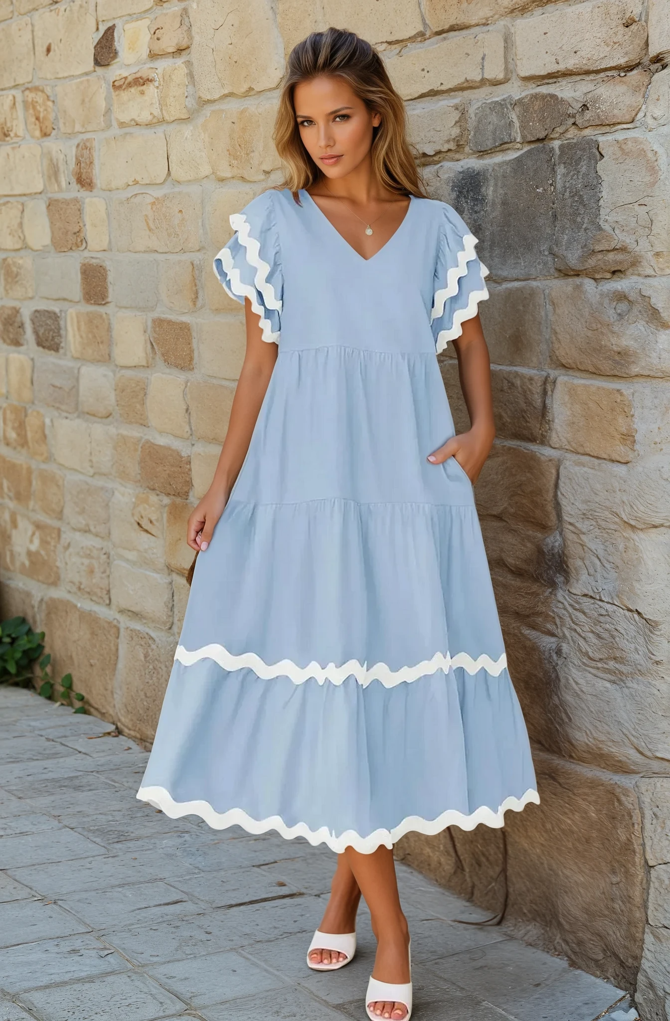 Rosa Ruffle Sleeves Midi Dress