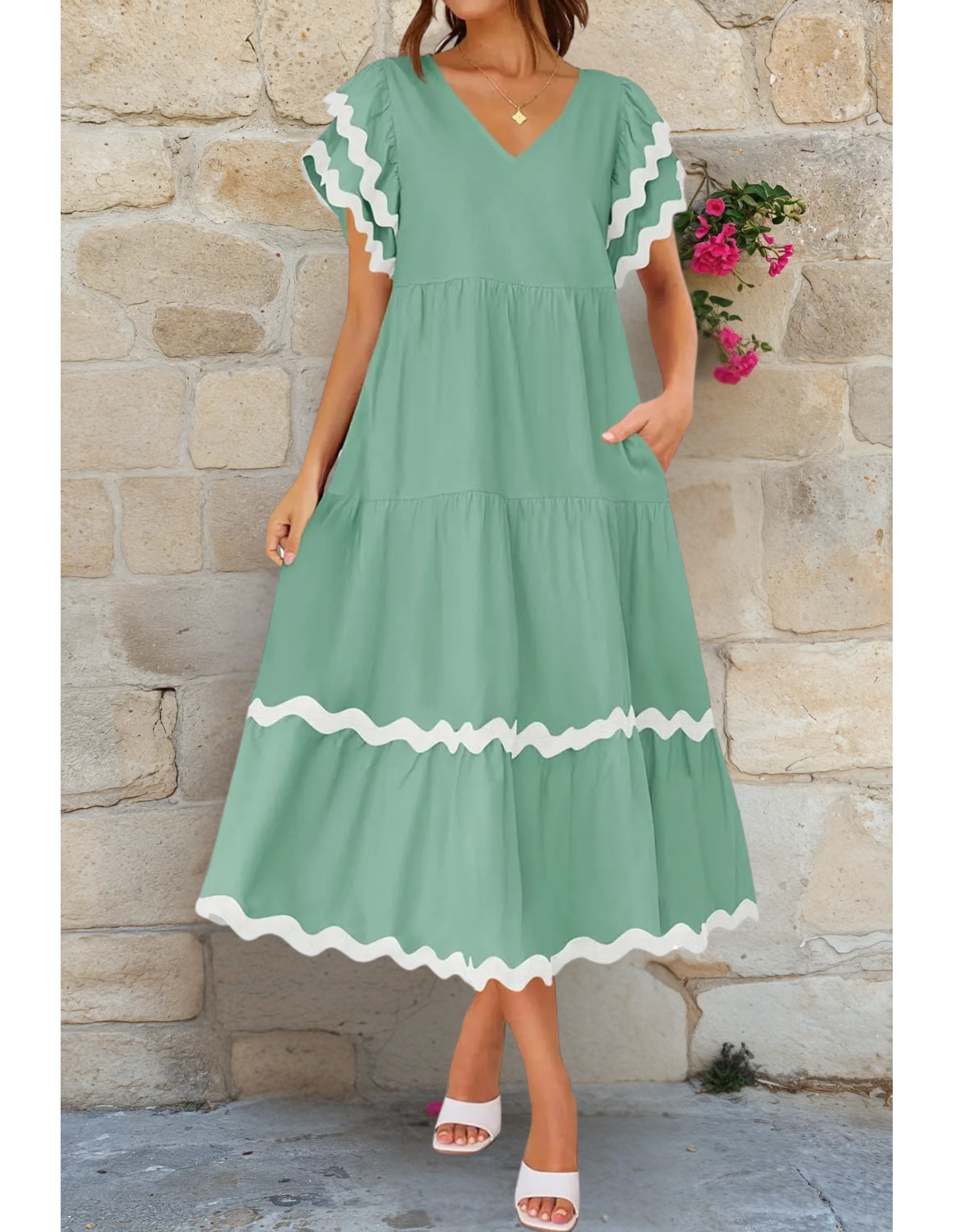Rosa Ruffle Sleeves Midi Dress